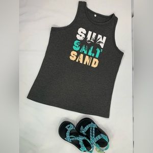 Sun Salt Sand Gray Summer Beach Tropics Vacation Fun Graphic Tank Women’s Size L